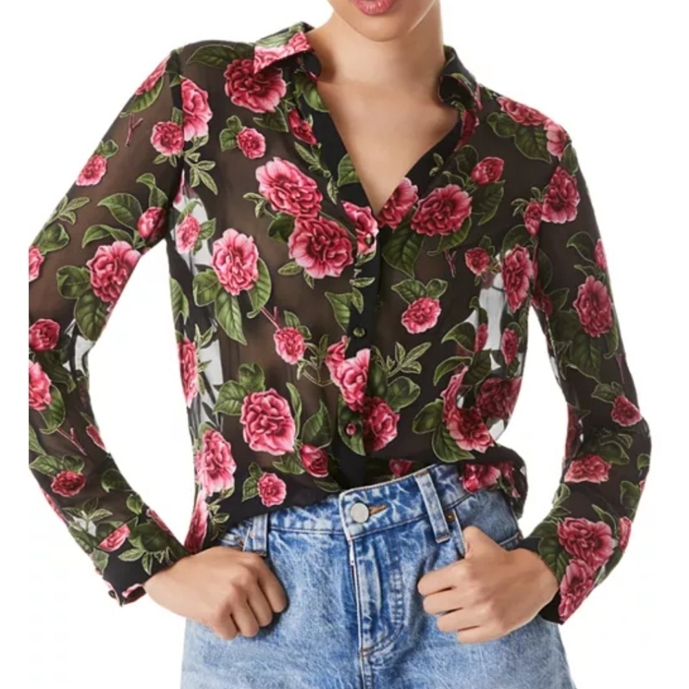 Alice and Olivia Eloise Floral Button Down Sheer Blouse Size XS - Picture 11 of 12